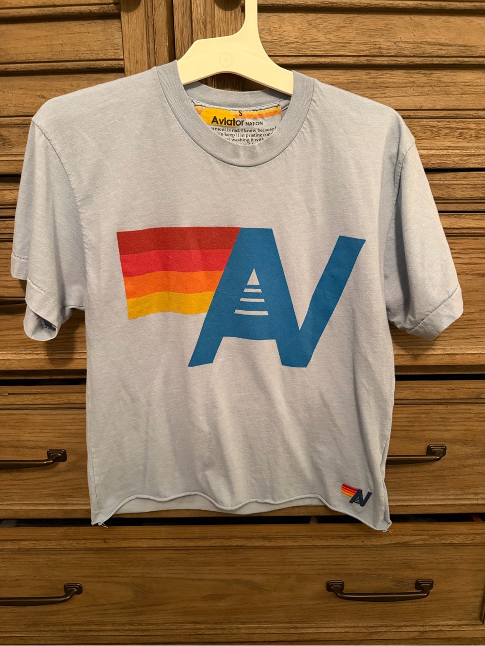 Aviator Nation Light Blue Tee with Rainbow Stripe AV Logo